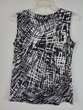 Kasper Womens S Black White Crosshatch Pleated Round Neck Wide Strap Tank Blouse